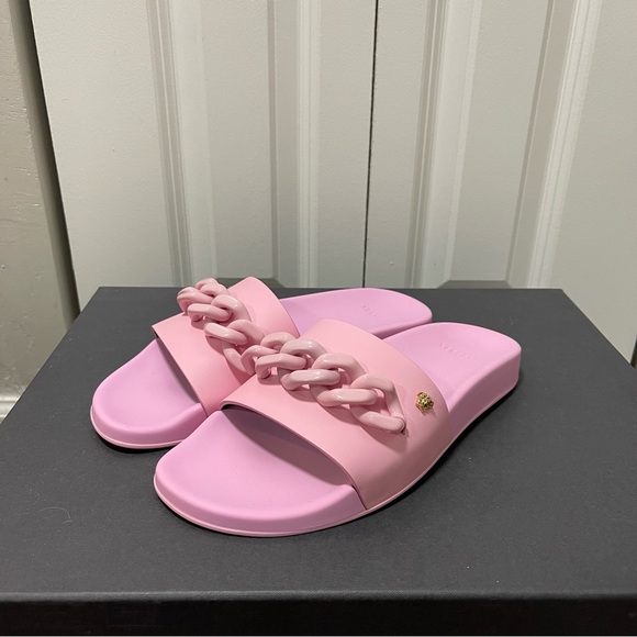 $650+NEW Versace Pink Medusa Leather/Rubber Chain Slides Sandals